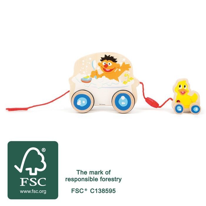 SESAMSTRASSE Zieh - Badewanne mit Ente Ernie Nachziehspiel Holzspielzeug Holzspielzeug ab 12 Monaten - Spielzeug - Sonderposten